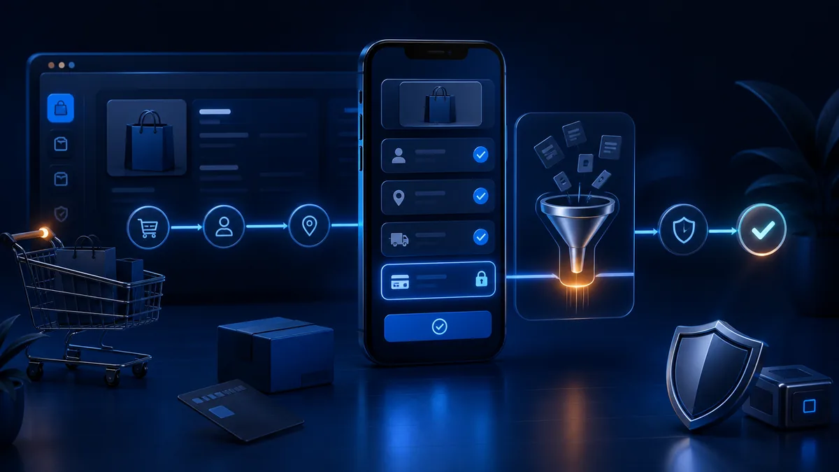 Mobil e-ticaret checkout akışında sepet, adres, kargo, güvenli ödeme ve doğrulama adımları