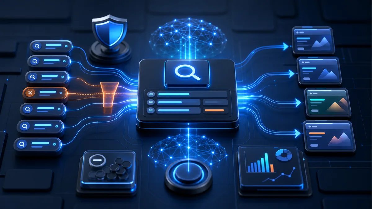 AI Max arama kampanyasında sorgu filtreleme ve açılış sayfası seçimini temsil eden kontrol paneli