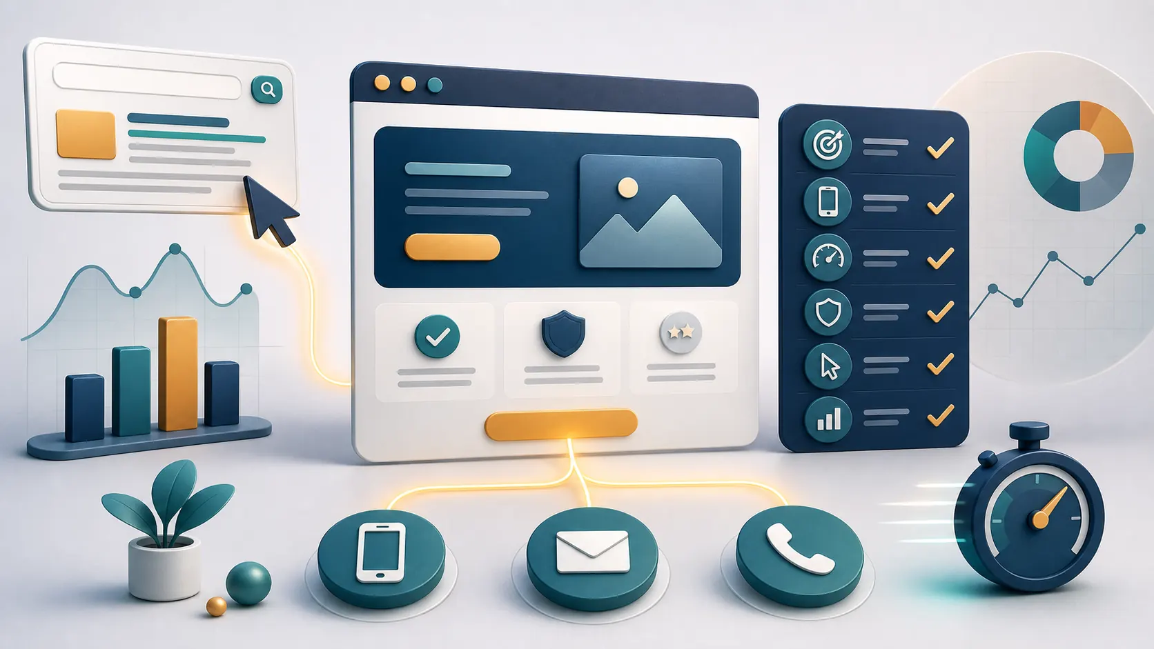 Google Ads reklamından landing page ve ölçülen iletişim adımlarına uzanan kontrol akışı illüstrasyonu