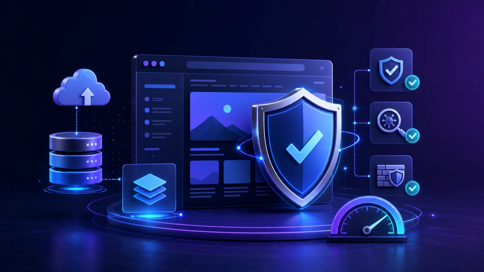 Web sitesi bakımında güvenlik, yedekleme ve performans kontrollerini temsil eden dijital görsel